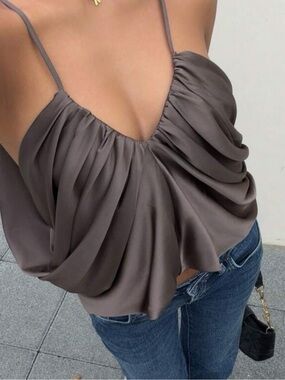Satin Ruched V-Neck Cami Top - Taupe